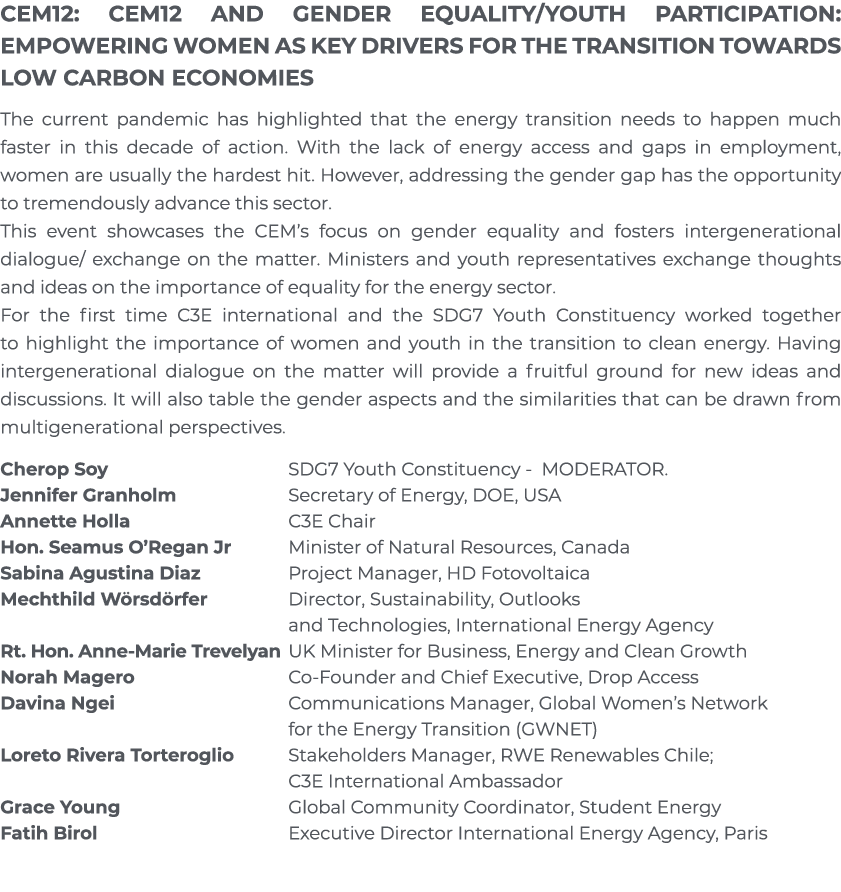 CEM12: CEM12 And Gender Equality Youth Participation: Empowering Women as Key Drivers for the Transition towards Low    