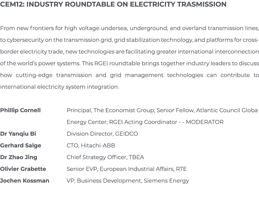 CEM12: Industry Roundtable on Electricity Trasmission From new frontiers for high voltage undersea, underground, and    