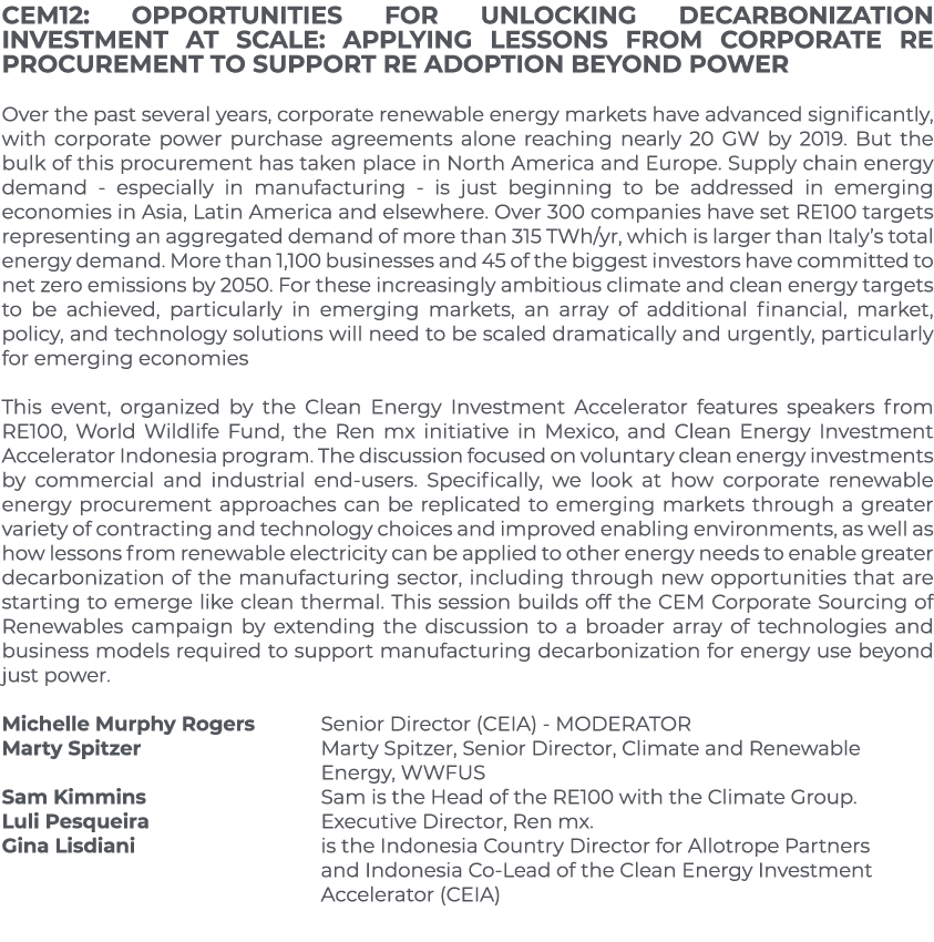 CEM12: Opportunities for Unlocking Decarbonization Investment at Scale: Applying Lessons from Corporate RE Procuremen   