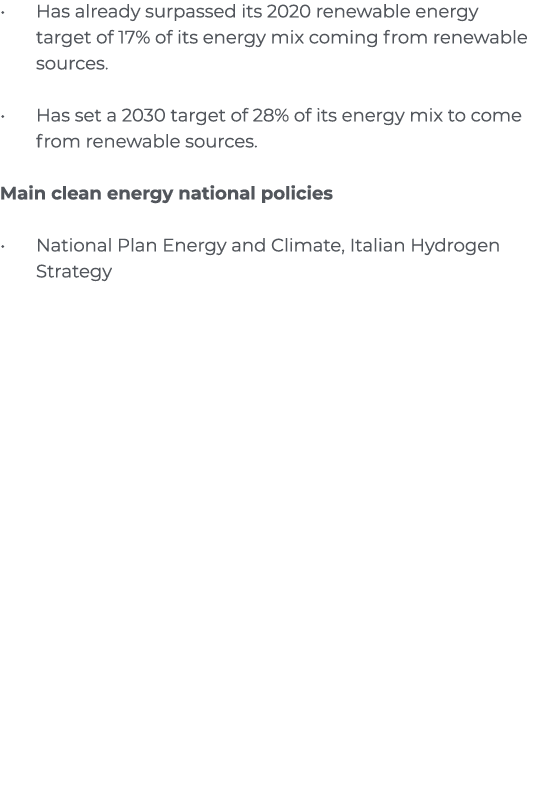 Has already surpassed its 2020 renewable energy target of 17% of its energy mix coming from renewable sources   Has s   