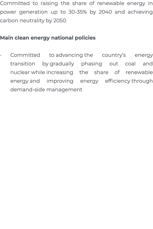 Committed to raising the share of renewable energy in power generation up to 30-35% by 2040 and achieving carbon neut   