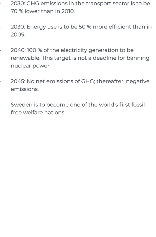 2030: GHG emissions in the transport sector is to be 70 % lower than in 2010  2030: Energy use is to be 50 % more eff   