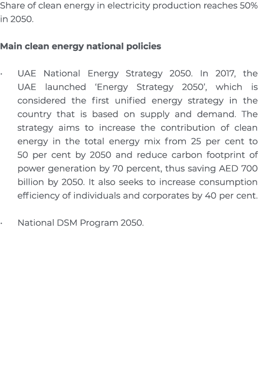Share of clean energy in electricity production reaches 50% in 2050  Main clean energy national policies   UAE Nation   